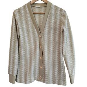 Vintage 70s Cardigan Womens Small Tan Embroidered Mod Preppy Button V-Neck